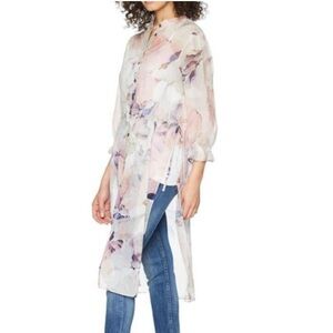 Vince Camuto Sz XS Side Tie Diffused Bloom Floral Sheer Tunic